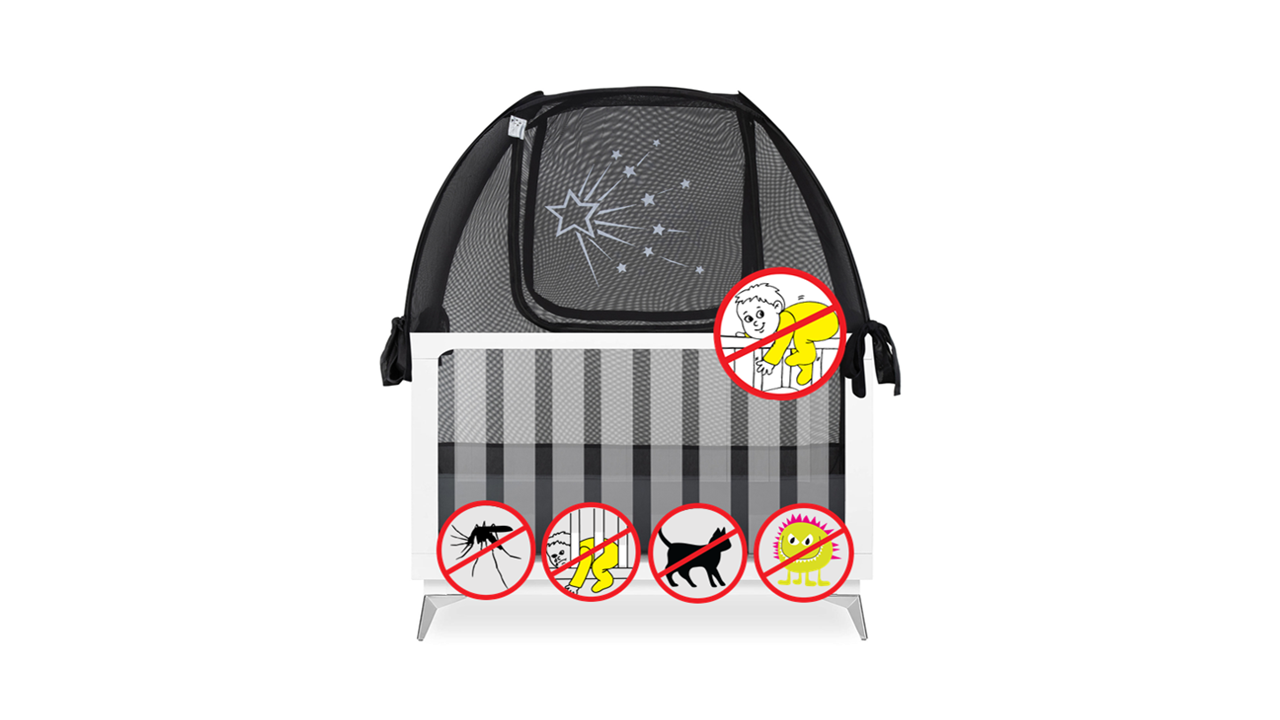 popup black baby crib safety net tent to keep baby and toddler from climbing out of the crib
